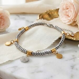 Minimalist Mixed Metal Charm Bracelet 18K Gold Plated Stainless Steel